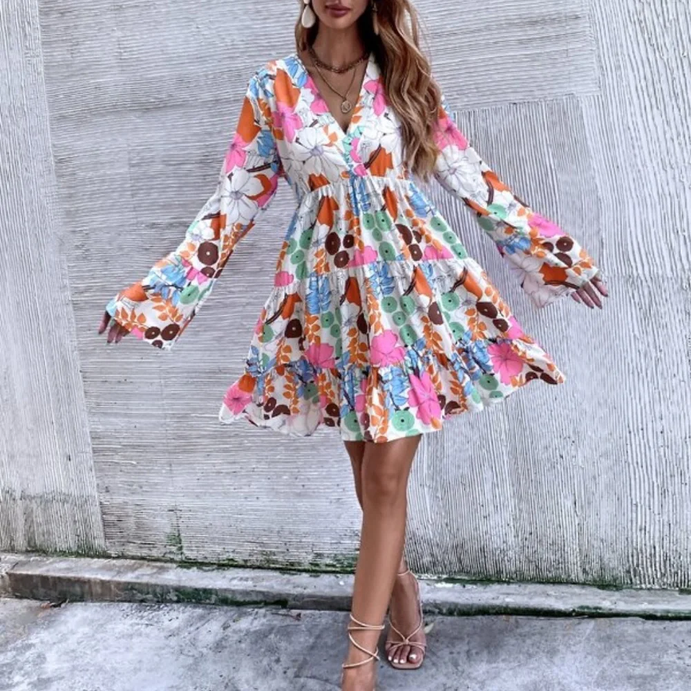 Boho Pink Floral Print Smock Ruffle Mini Dress - Picture 3 of 6